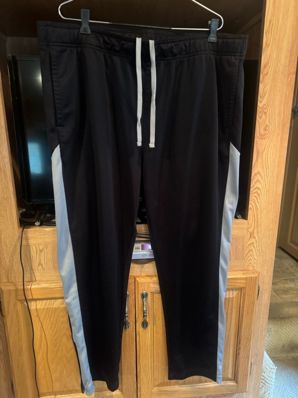 Xersion Black Track Joggers with Gray Side Panels and Inside Gray Drawstring.